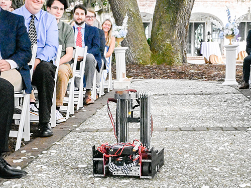 Garnet Squadron Robotics robot on a sidewalk