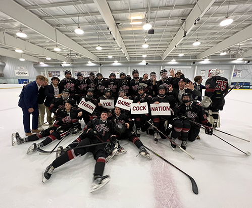 USC Mens Ice Hockey team on the ice holding signs that read 'Thank you gamecock nation'