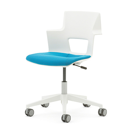 Wardlaw name-a-chair example of a wheeled plastic white desk chair with a blue seat