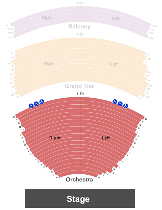 The Orchestra seating area is the ground level seating starting behind the orchestra pit. Single letter rows (A, B, etc.) are located in the Orchestra.
