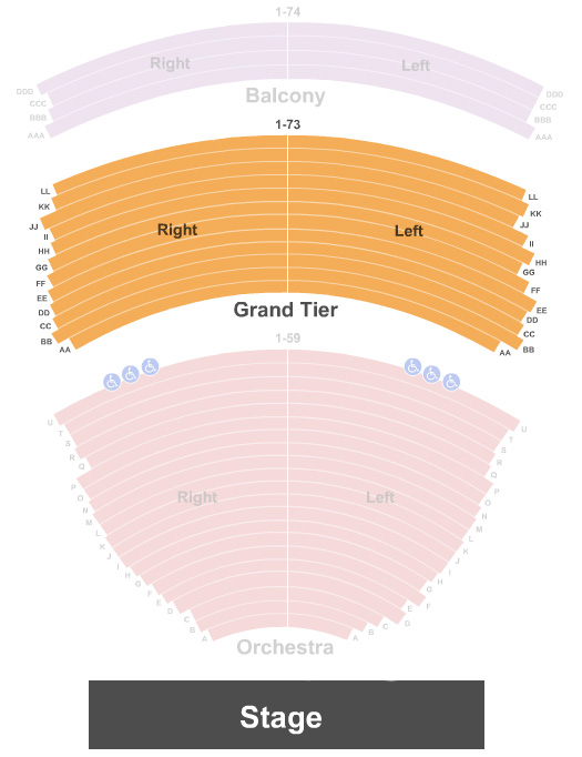 The Grand Tier seating area is located on the second floor. Seats numbered 100+ and double letter rows (AA, BB, etc.) are located in the Grand Tier.