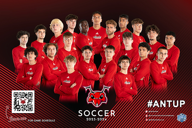 USC Sumter Men's Soccer Team Poster with scannable QR code for 2024 season and hashtag #AntUp